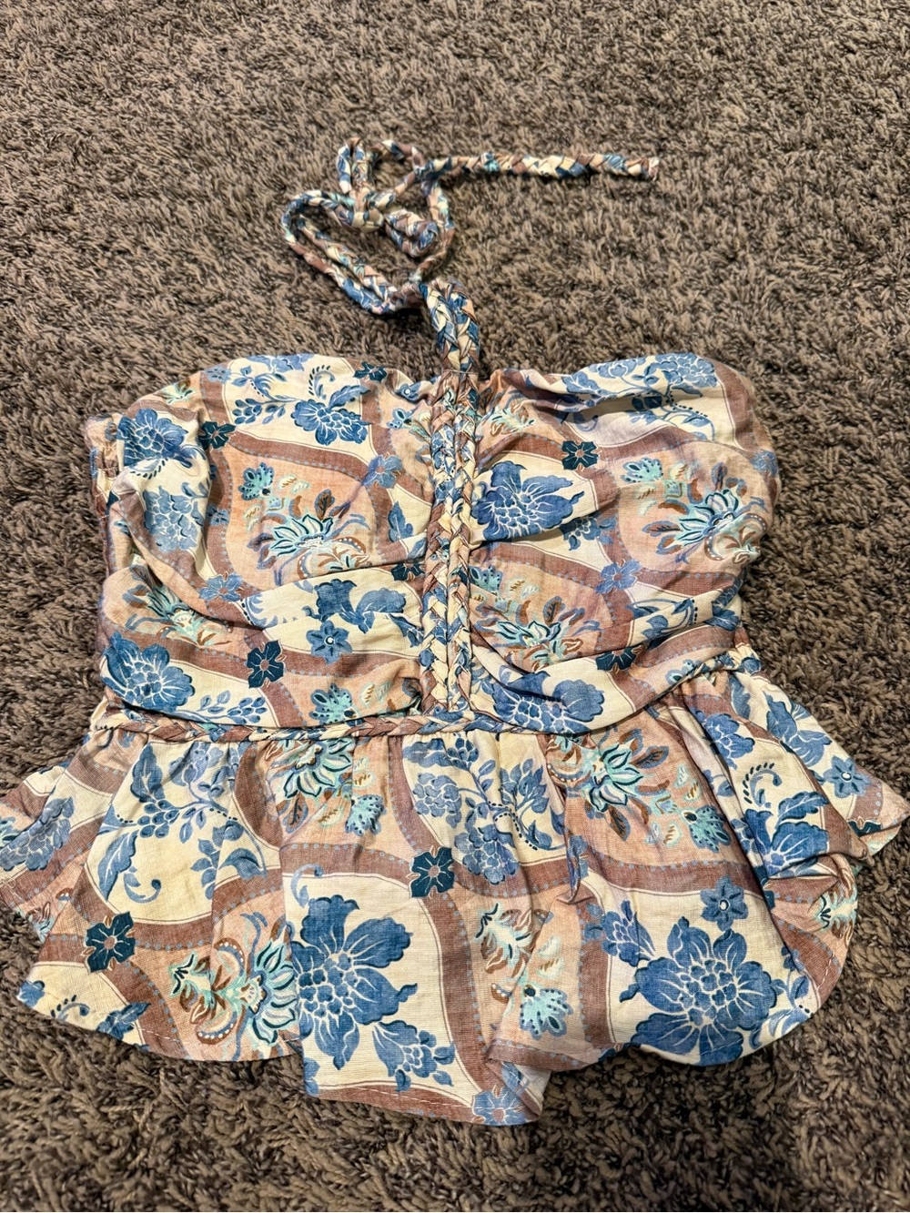 Monteau Strapless Floral Peplum Camisole - Blue & Cream